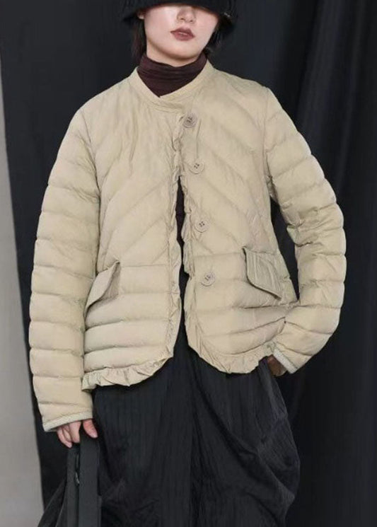 Street Khaki Button Ruffled Winter Down Jacket