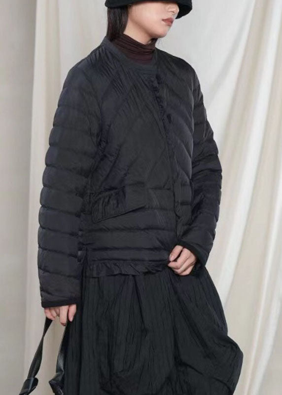 Street Khaki Button Ruffled Winter Down Jacket