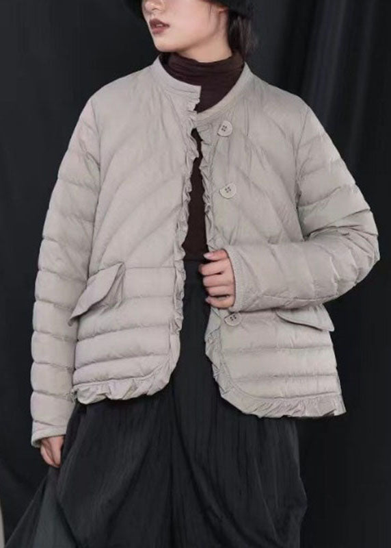Street Khaki Button Ruffled Winter Down Jacket