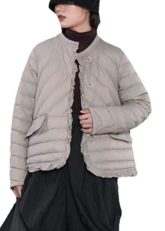 Street Khaki Button Ruffled Winter Down Jacket