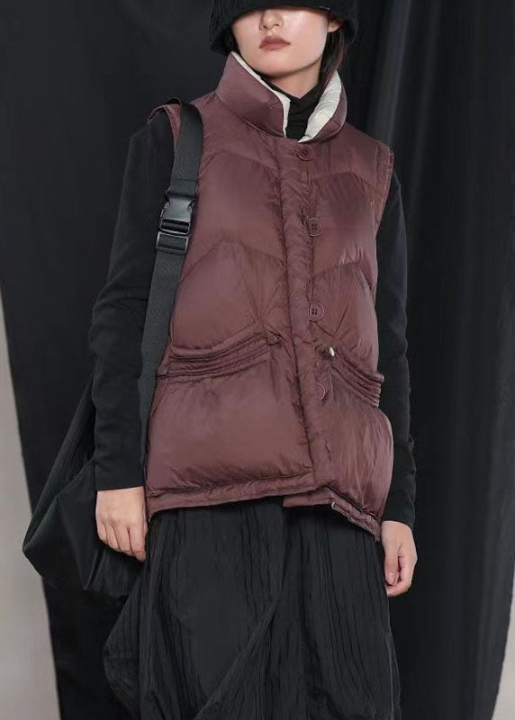 Street Mulberry Peter Pan Collar Pockets Button Winter Sleeveless Down Vest