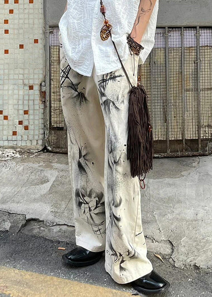 Beige Pockets Tie Dye Denim Pants Fall