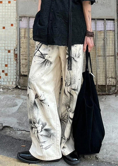 Beige Pockets Tie Dye Denim Pants Fall