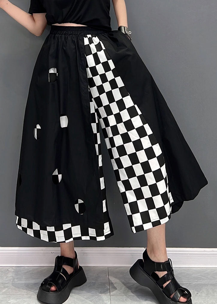 Black Asymmetrical Pockets Patchwork Plaid Straight Pants Summer