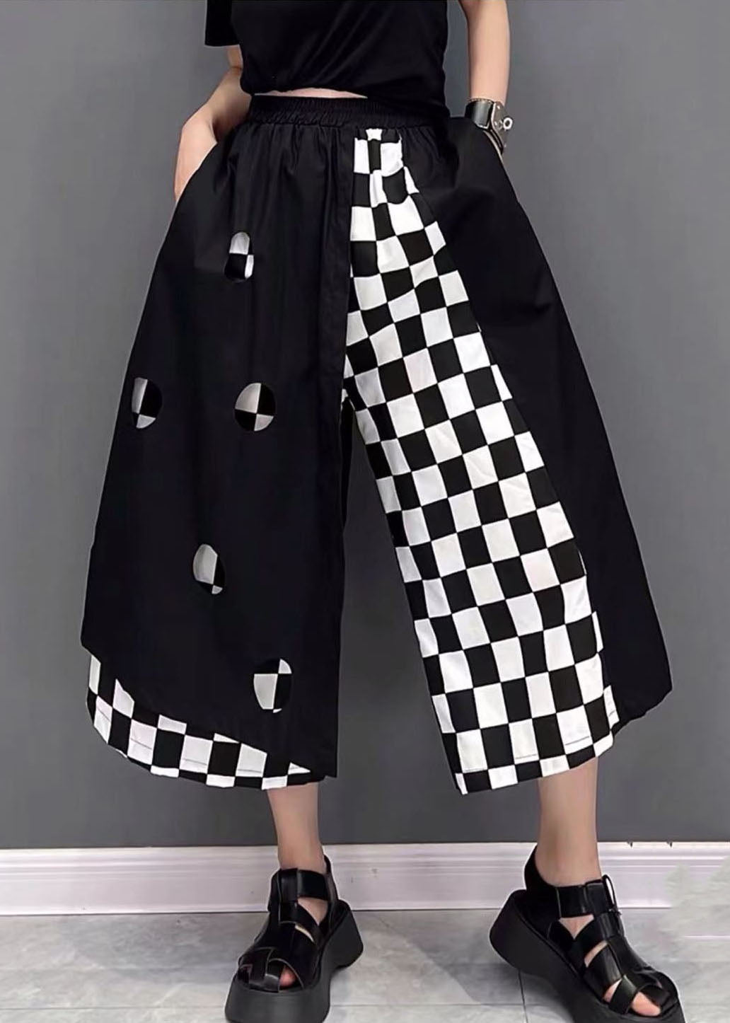Black Asymmetrical Pockets Patchwork Plaid Straight Pants Summer