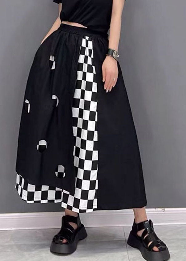 Black Asymmetrical Pockets Patchwork Plaid Straight Pants Summer