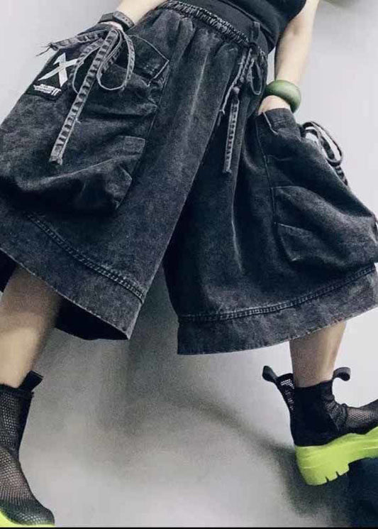 Black Elastic Waist Big Pockets Cotton Wide Led Shorts Summer