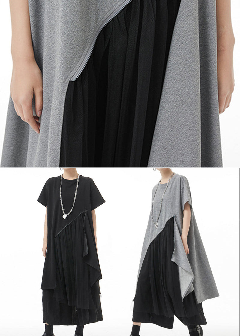 Black O-neck Asymmetrical Maxi Dress Short Sleeve