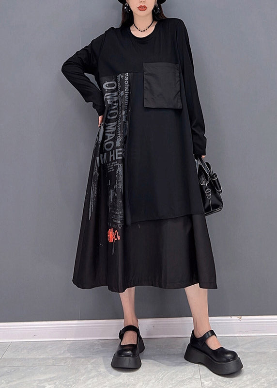 Black O-neck Asymmetrical Patchwork Pockets Dress Long Sleeve