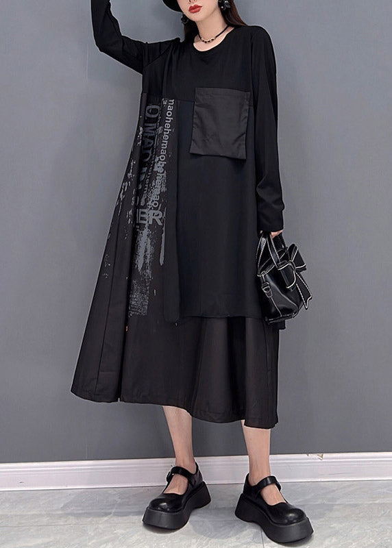 Black O-neck Asymmetrical Patchwork Pockets Dress Long Sleeve