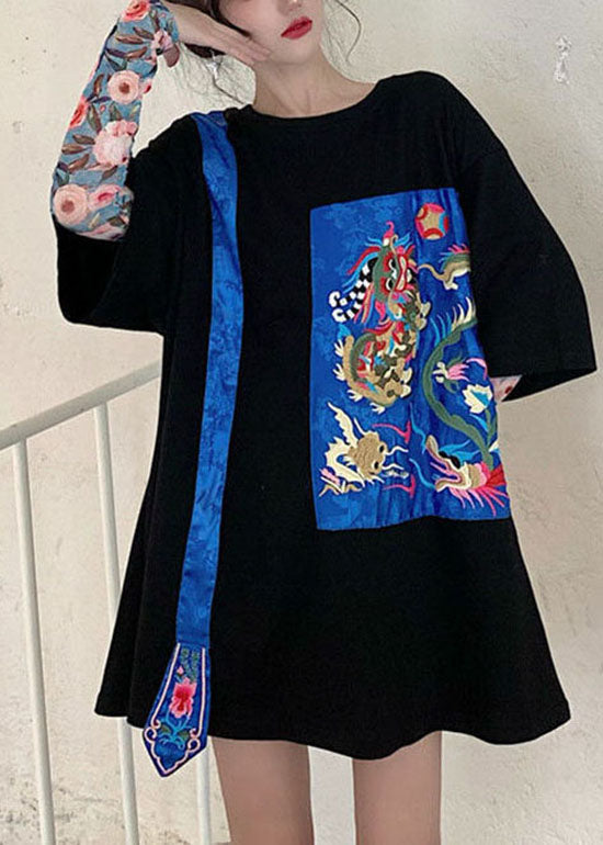 Black O-neck Embroideried Tops Half Sleeve
