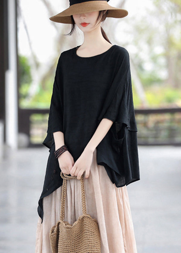 Black O-neck Patchwork Cotton Tops Batwing Sleeve