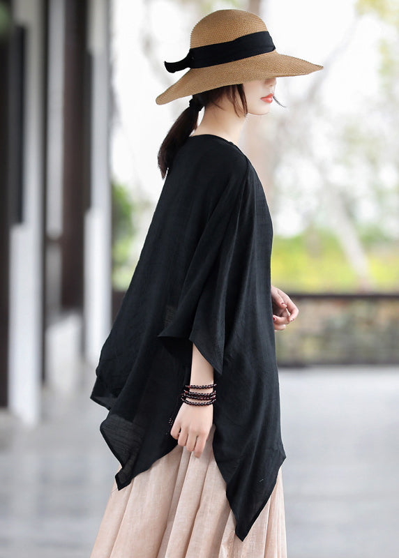 Black O-neck Patchwork Cotton Tops Batwing Sleeve