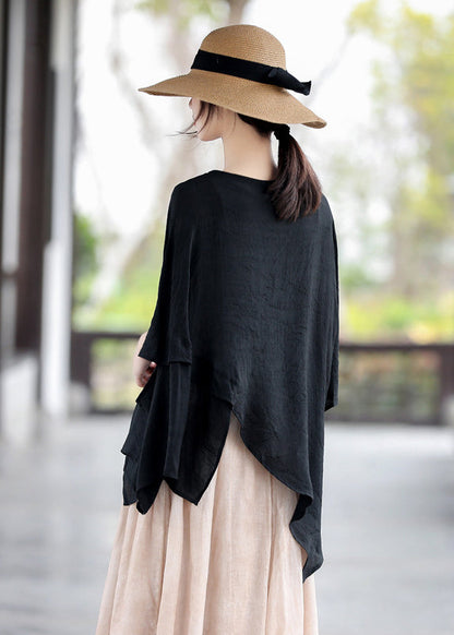 Black O-neck Patchwork Cotton Tops Batwing Sleeve