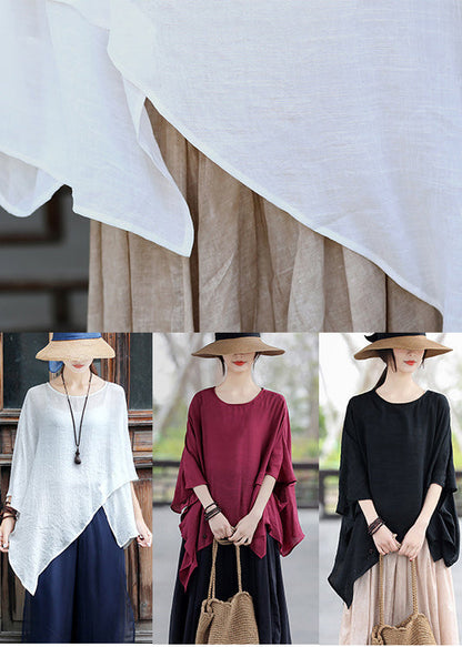 Black O-neck Patchwork Cotton Tops Batwing Sleeve