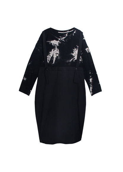 Black O-neck Print Patchwork Sweatshirt Dresses Spring