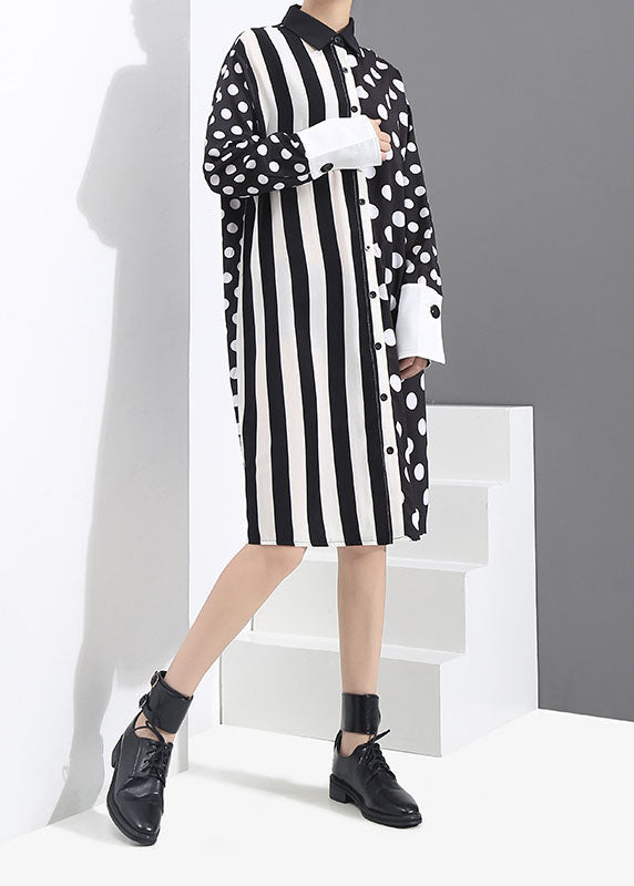 Black Button Peter Pan Collar Striped Dot Patchwork Shirt Dresses Spring