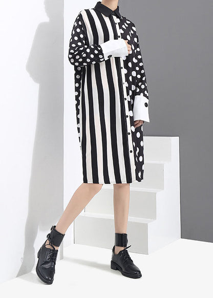 Black Button Peter Pan Collar Striped Dot Patchwork Shirt Dresses Spring