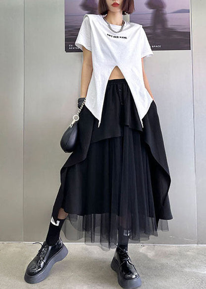 Black Elastic Waist Button Asymmetrical Tulle Patchwork Skirts Spring