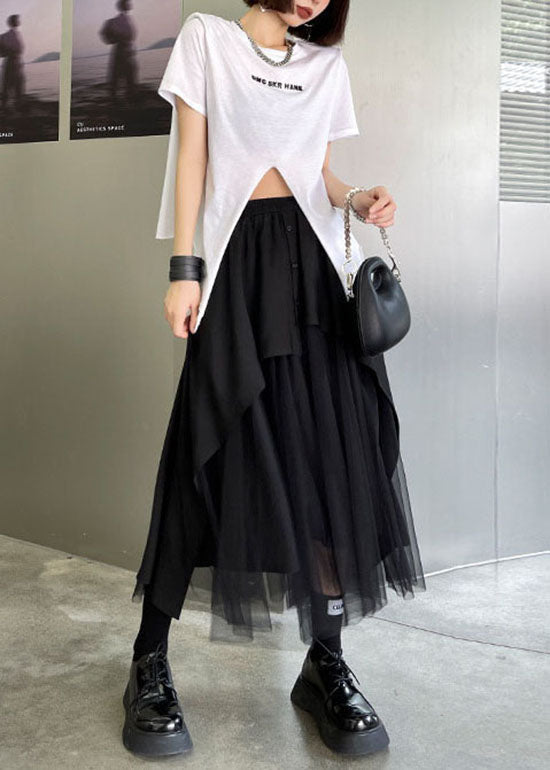 Black Elastic Waist Button Asymmetrical Tulle Patchwork Skirts Spring