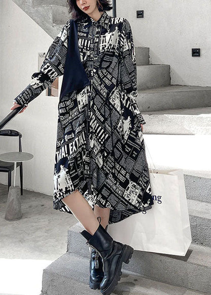 Black Low High Design Print Patchwork Satin Shirt Dress Spring