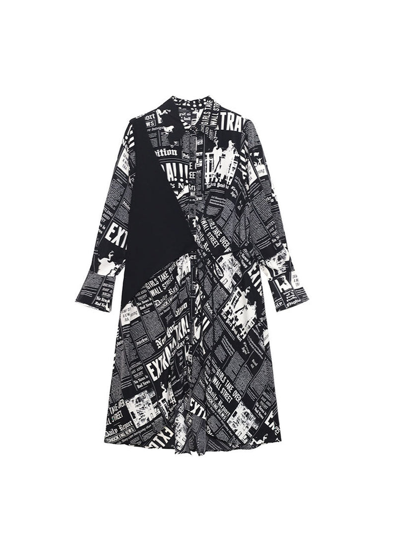 Black Low High Design Print Patchwork Satin Shirt Dress Spring