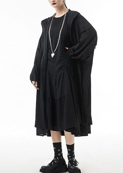 Black Zippered Hooded Drawstring Chiffon Trench Coats Spring