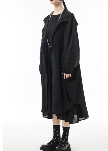 Black Zippered Hooded Drawstring Chiffon Trench Coats Spring