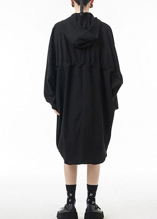 Black Zippered Hooded Drawstring Chiffon Trench Coats Spring