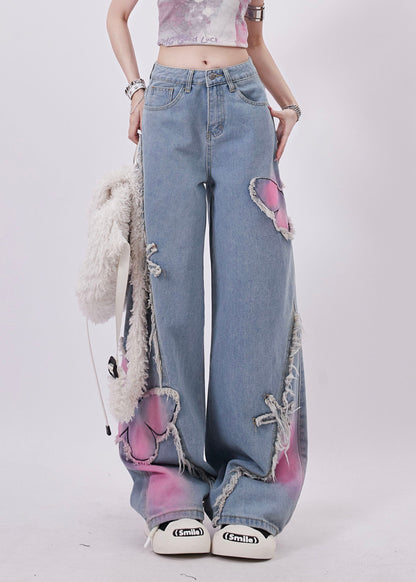 Blue Butterfly Patch Tassel Denim Straight Pants Spring