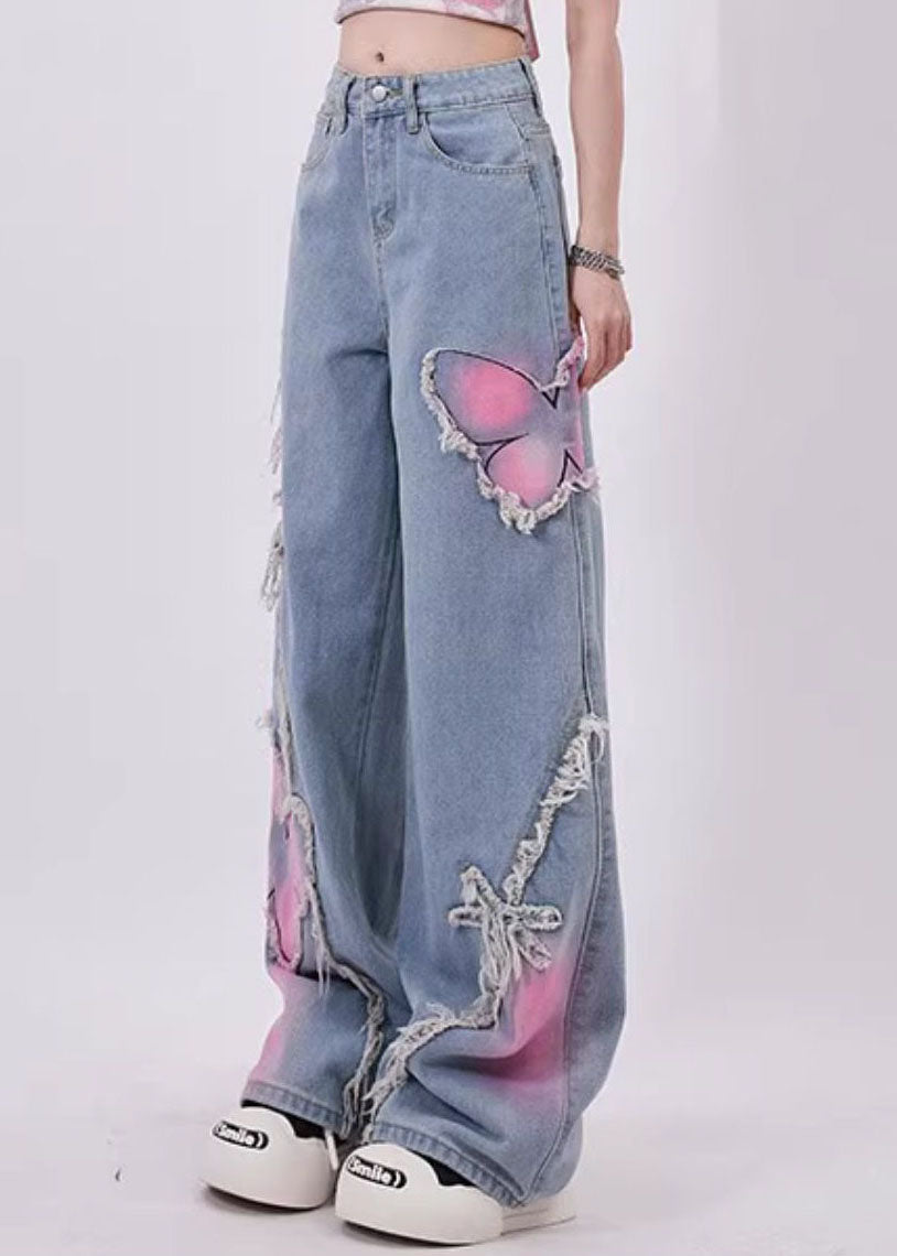 Blue Butterfly Patch Tassel Denim Straight Pants Spring
