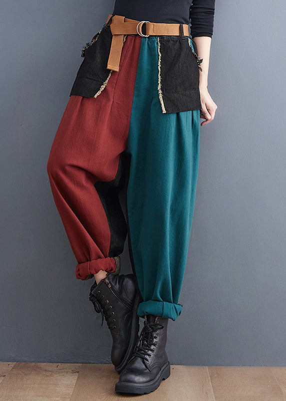 Colorblock Pockets Patchwork Cotton Denim Harm Pants Summer