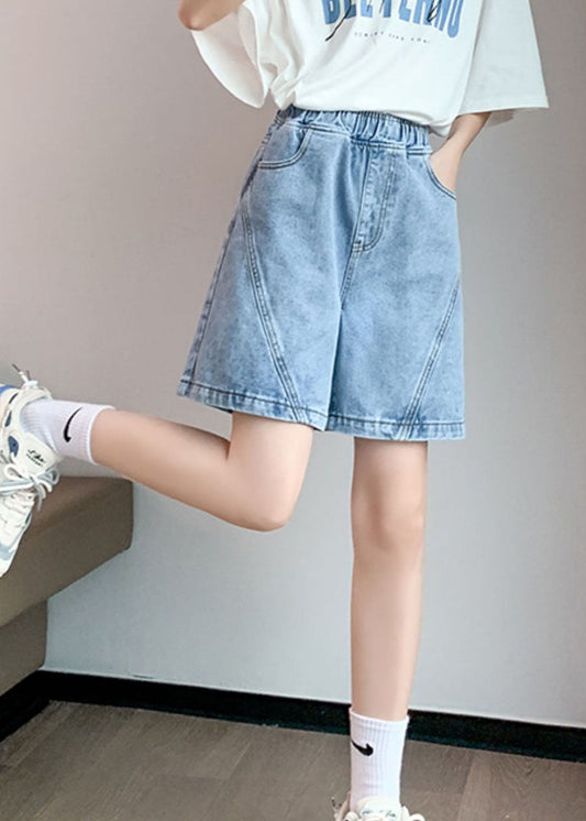 Light Blue Elastic Waist Patchwork Cotton Denim Short Pants Summer