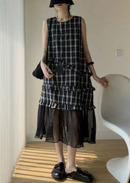 Navy Ruffled Tulle Patchwork Cotton Long Dress Sleeveless