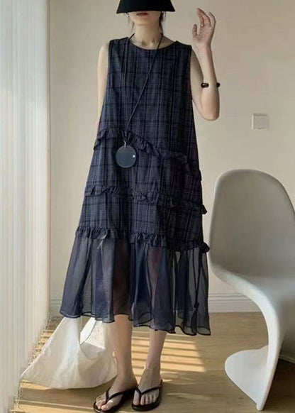 Navy Ruffled Tulle Patchwork Cotton Long Dress Sleeveless