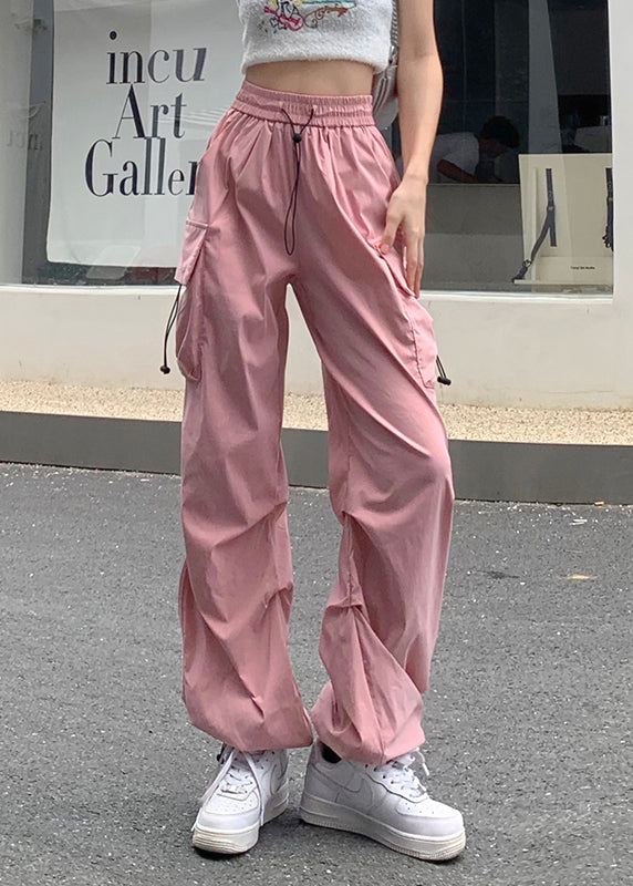 Pink Drawstring Pockets Beam Pants Summer