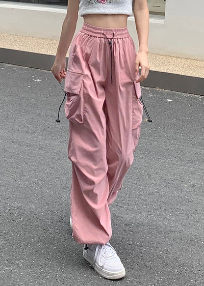 Pink Drawstring Pockets Beam Pants Summer