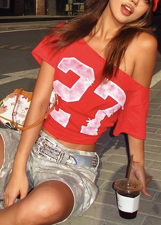 Red Cold Shoulder Print Cotton T Shirt Summer
