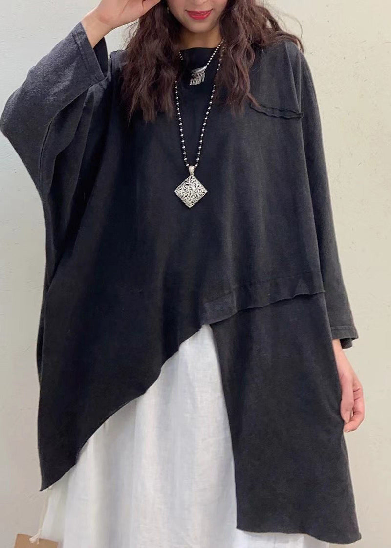 Red O-neck Asymmetrical Design Cotton Top Long Sleeve