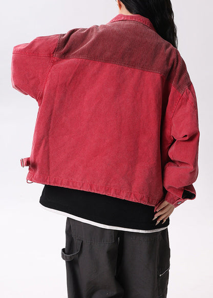 Red Peter Pan Collar Pockets Patchwork Cotton Coats Spring