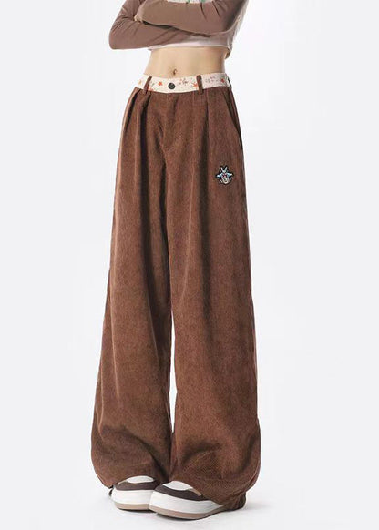 Style Brown Pockets Corduroy Wide Leg Pants Spring