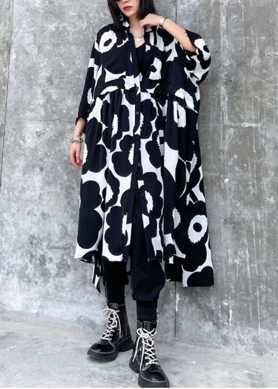 Black Wrinkled Asymmetrical Print Chiffon Dress Spring