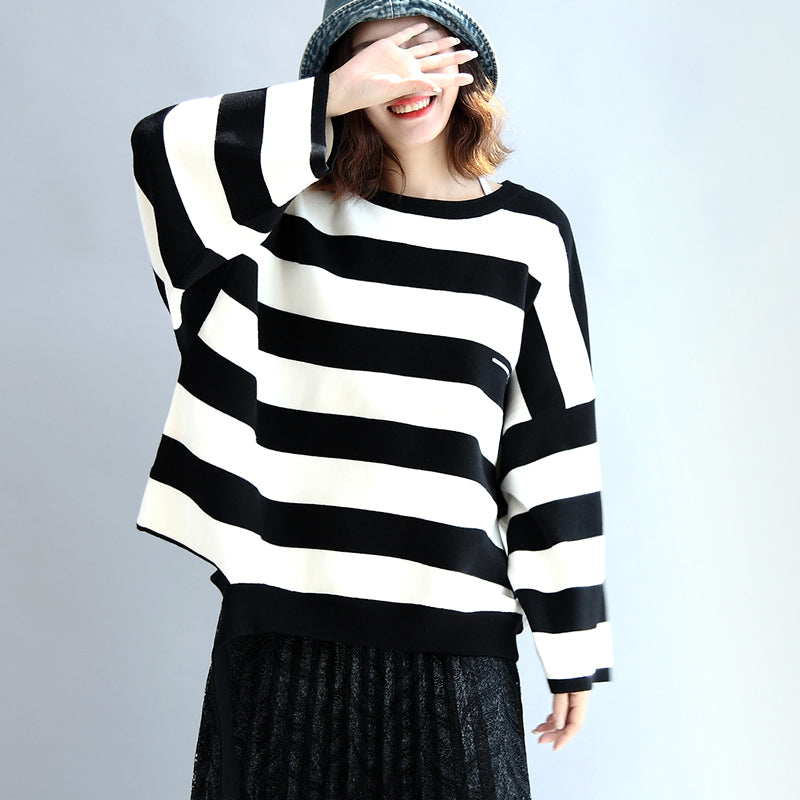 Strip Winter Woolen Tops Oversized Black and White Striped Pullover T Shirts