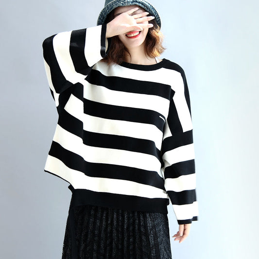 Strip Winter Woolen Tops Oversized Black and White Striped Pullover T Shirts