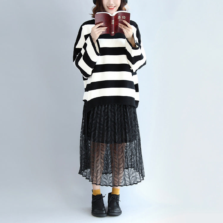 Strip Winter Woolen Tops Oversized Black and White Striped Pullover T Shirts