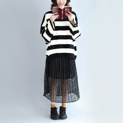Strip Winter Woolen Tops Oversized Black and White Striped Pullover T Shirts