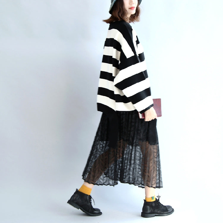Strip Winter Woolen Tops Oversized Black and White Striped Pullover T Shirts