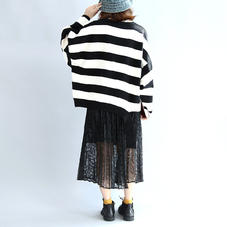 Strip Winter Woolen Tops Oversized Black and White Striped Pullover T Shirts
