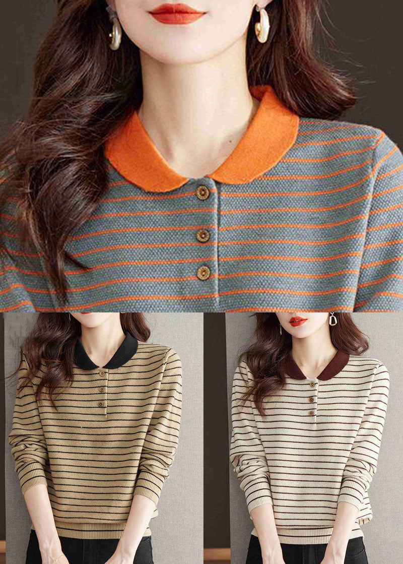 Striped Beige Button Cozy Patchwork Knit Sweater Tops