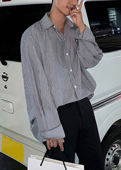 Striped Black Peter Pan Collar Button Cotton Mens Shirts Spring